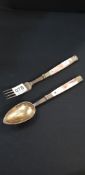 GILDED SILVER & MOTHER OF PEARL MILITARY SPOON AND FORK