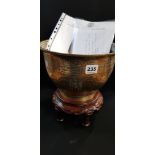 LARGE ORIENTAL BRONZE BOWL ON STAND WITH ASSORTED PAPERWORK