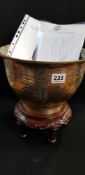 LARGE ORIENTAL BRONZE BOWL ON STAND WITH ASSORTED PAPERWORK