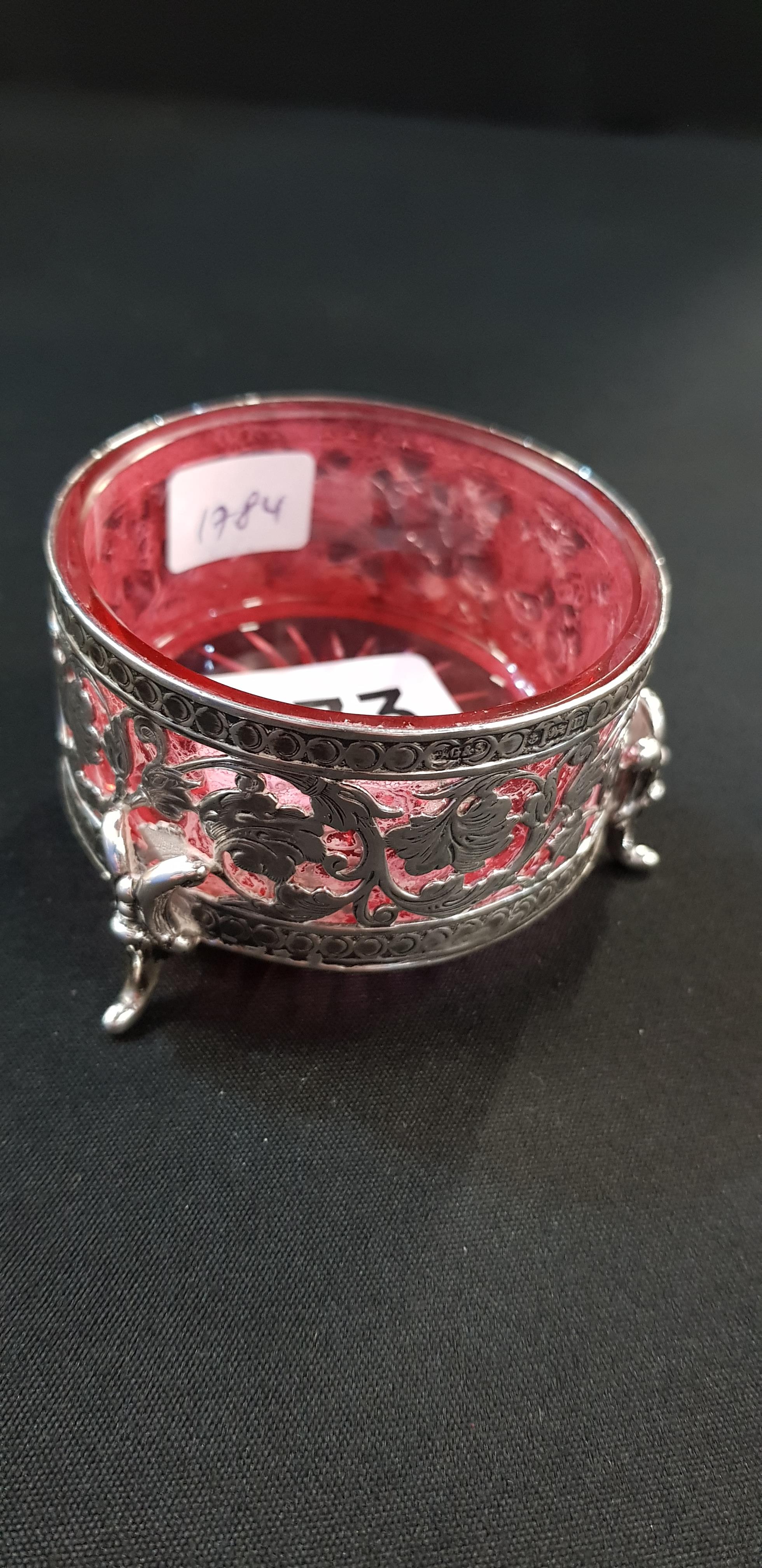 SILVER SALT WITH RUBY GLASS LINER BIRMINGHAM