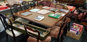 ANTIQUE TILT TOP DINING TABLE AND 10 CHAIRS