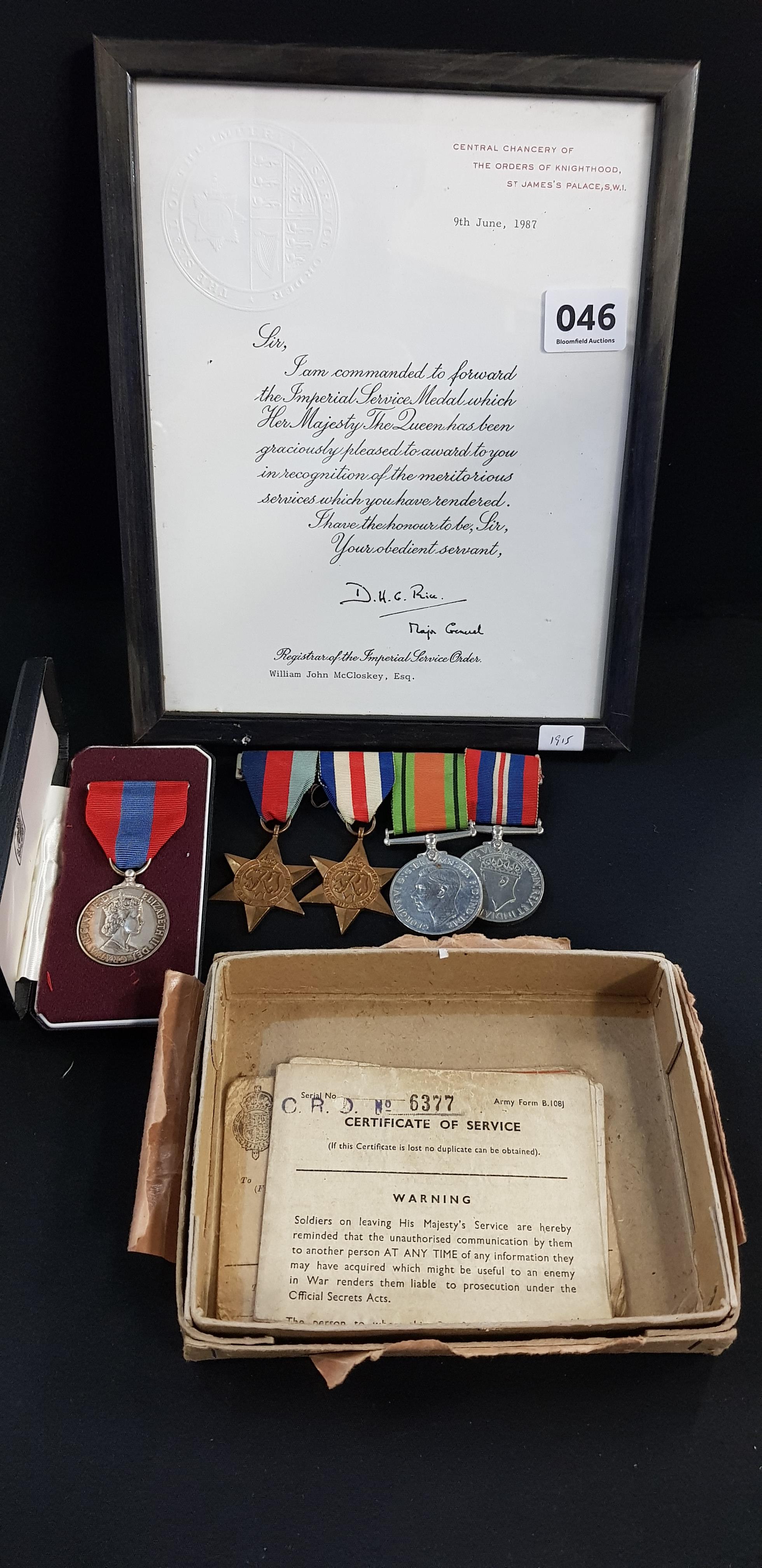 WORLD WAR 2 MEDAL GROUP & IMPERIAL SERVICE MEDAL TO WILLIAM JOHN MCCLOSKEY