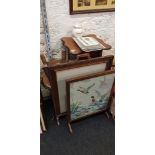 OAK PLANT STAND & 2 FIRESCREENS & TABLE & CHAIR