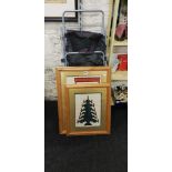 2 NEEDLEWORK PICTURES AND SHOPPING TROLLEY
