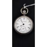 ELGIN POCKET WATCH IN COIN SILVER CASE WITH RAILROAD EMBLEM ON BACK IN GOLD