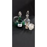 3 PERFUME BOTTLES & GREEN GLASS JUG WITH STOPPER