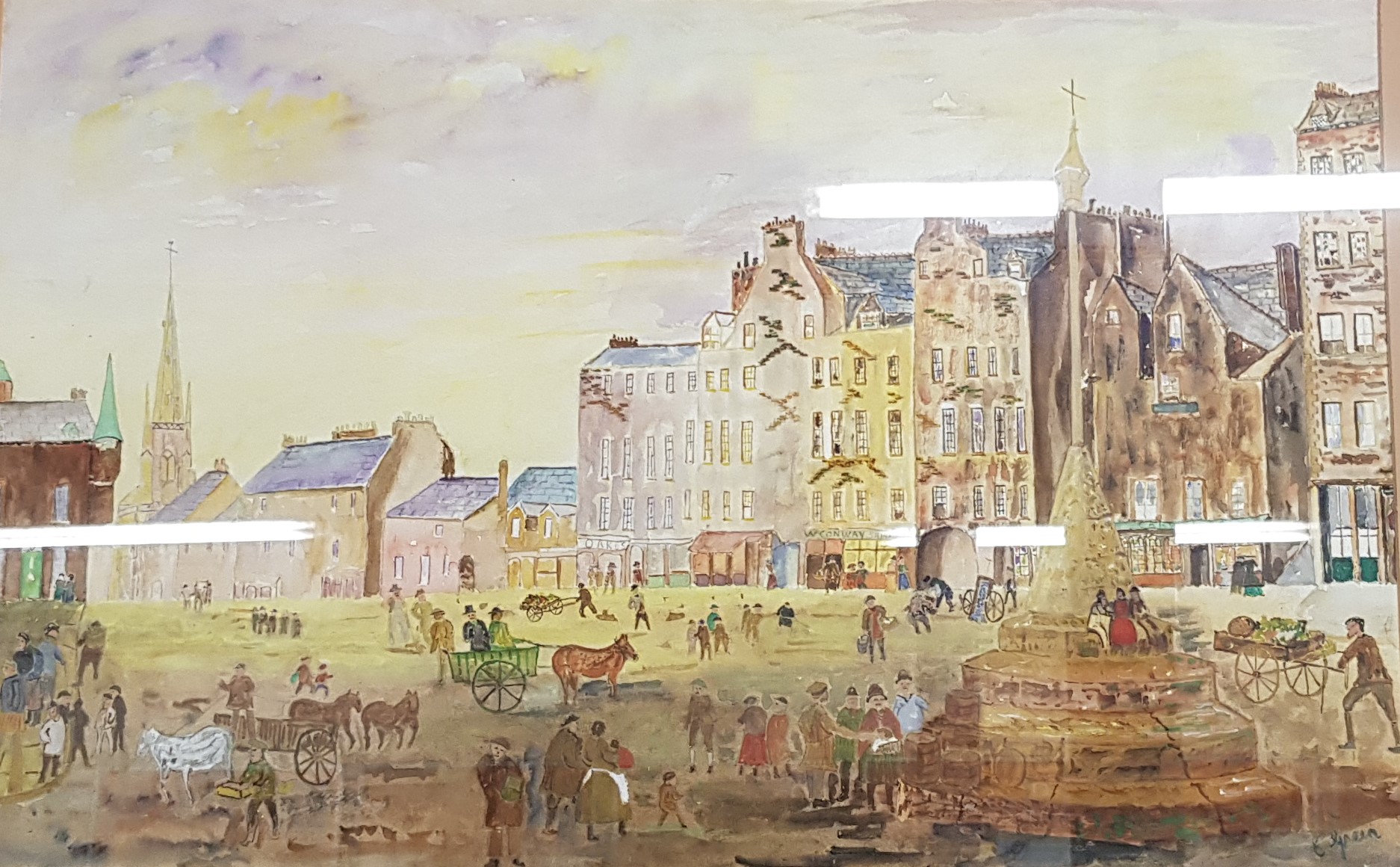 E. GREEN - ANTIQUE WATERCOLOUR - TOWN SQUARE