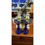 VICTORIA BRISTOL BLUE CANDLESTICKS & PAIR OF BRASS BULLSEYE CANDLESTICKS