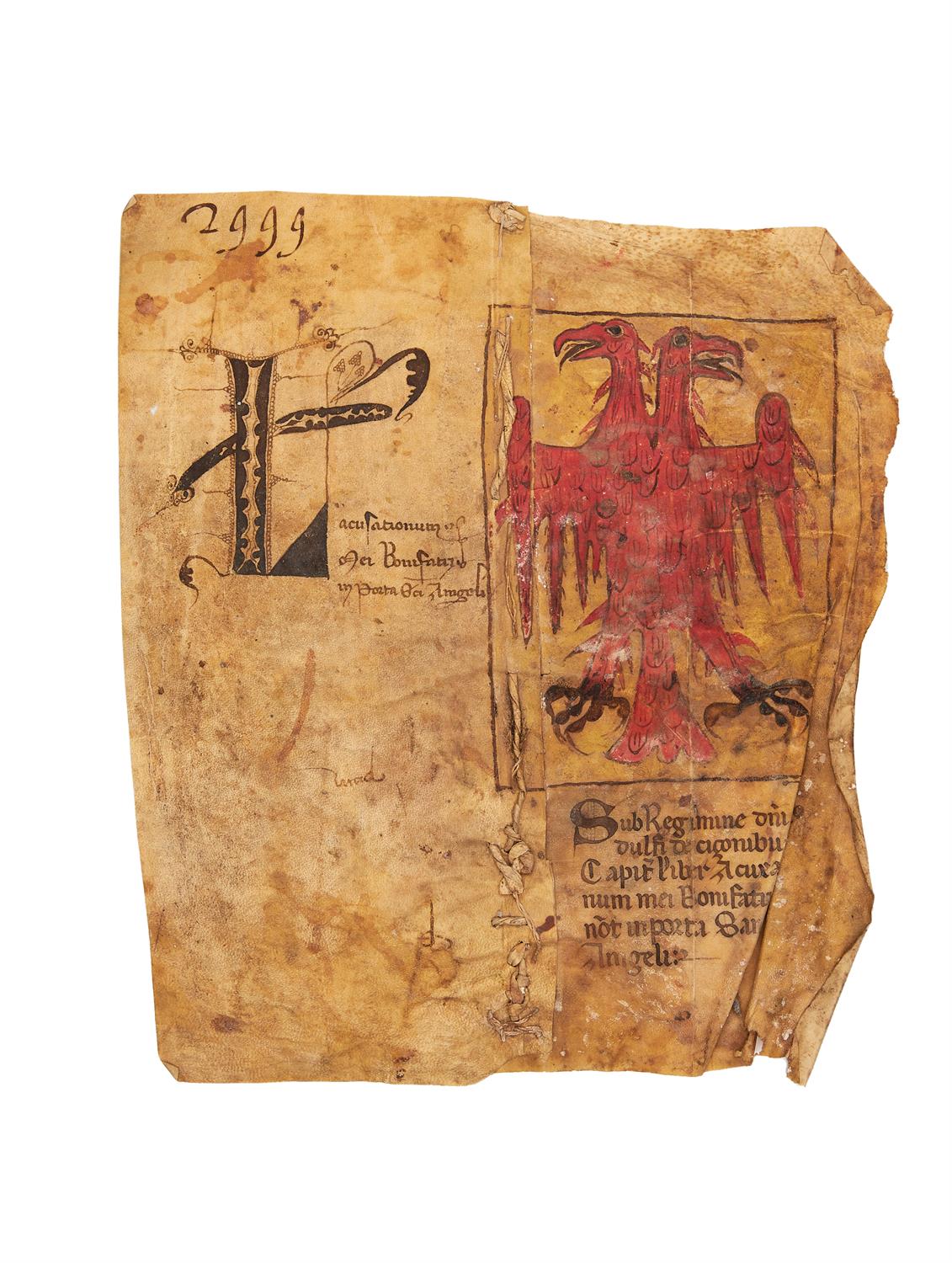 Cutting with armorial device and legal text, in Latin, manuscript on parchment [Italy, 14th century]