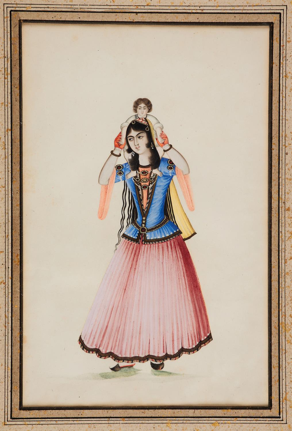 Persian Lady carrying a child, on paper [Qajar Persia, first quarter of the nineteenth century]