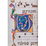 Large initial enclosing foliage and large gold bezants, on a cutting from an illuminated choirbook,