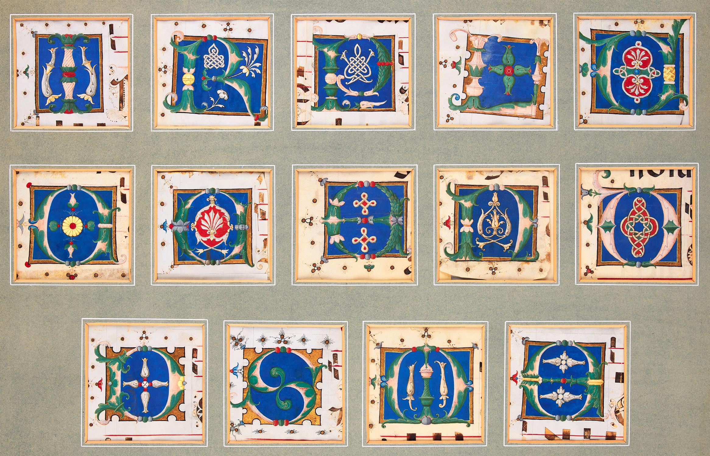 Fourteen initials with interlace or architectural decoration, from an illuminated choirbook,