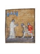 A Physician with Two Amputees, miniature from an early copy of Bartholomaeus Anglicanus,
