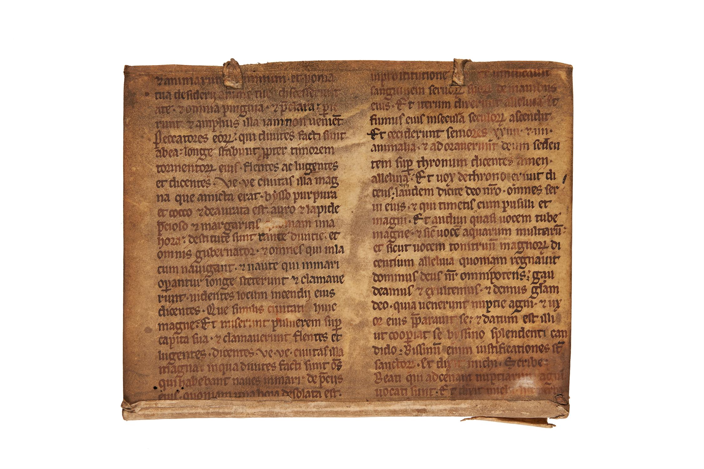 Ɵ Single leaf from a monumental Biblical codex, with Revelation 18-19, in Latin, manuscript