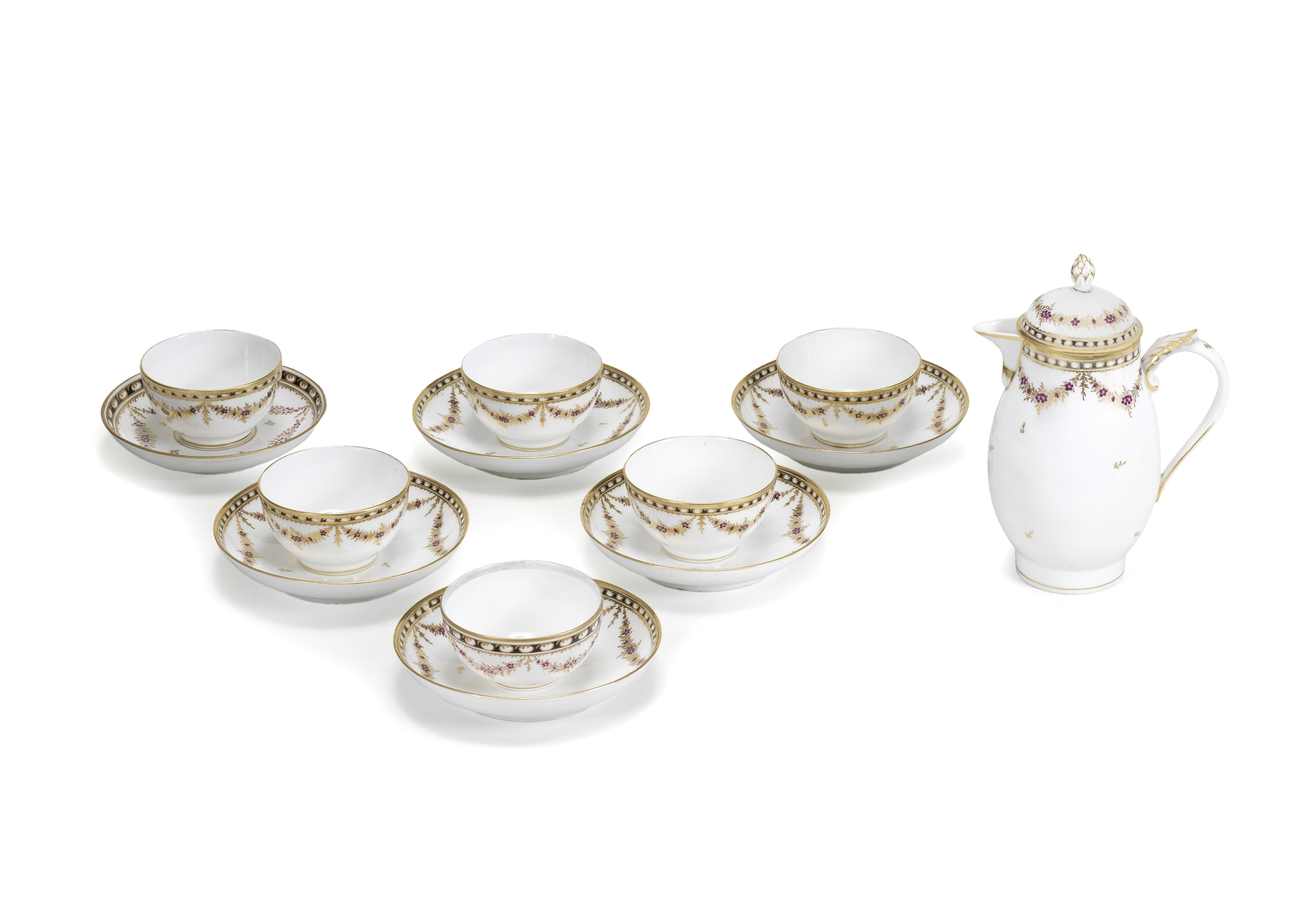 Five Nyon teabowls and saucers and a jug and cover Circa 1780