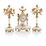 A late 20th Century gilt metal mounted white marble mantel clock garniture