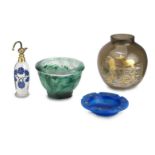 An Argy-Rousseau perfume bottle, a globular vase and a mottled glass bowl and an unsigned pate de...