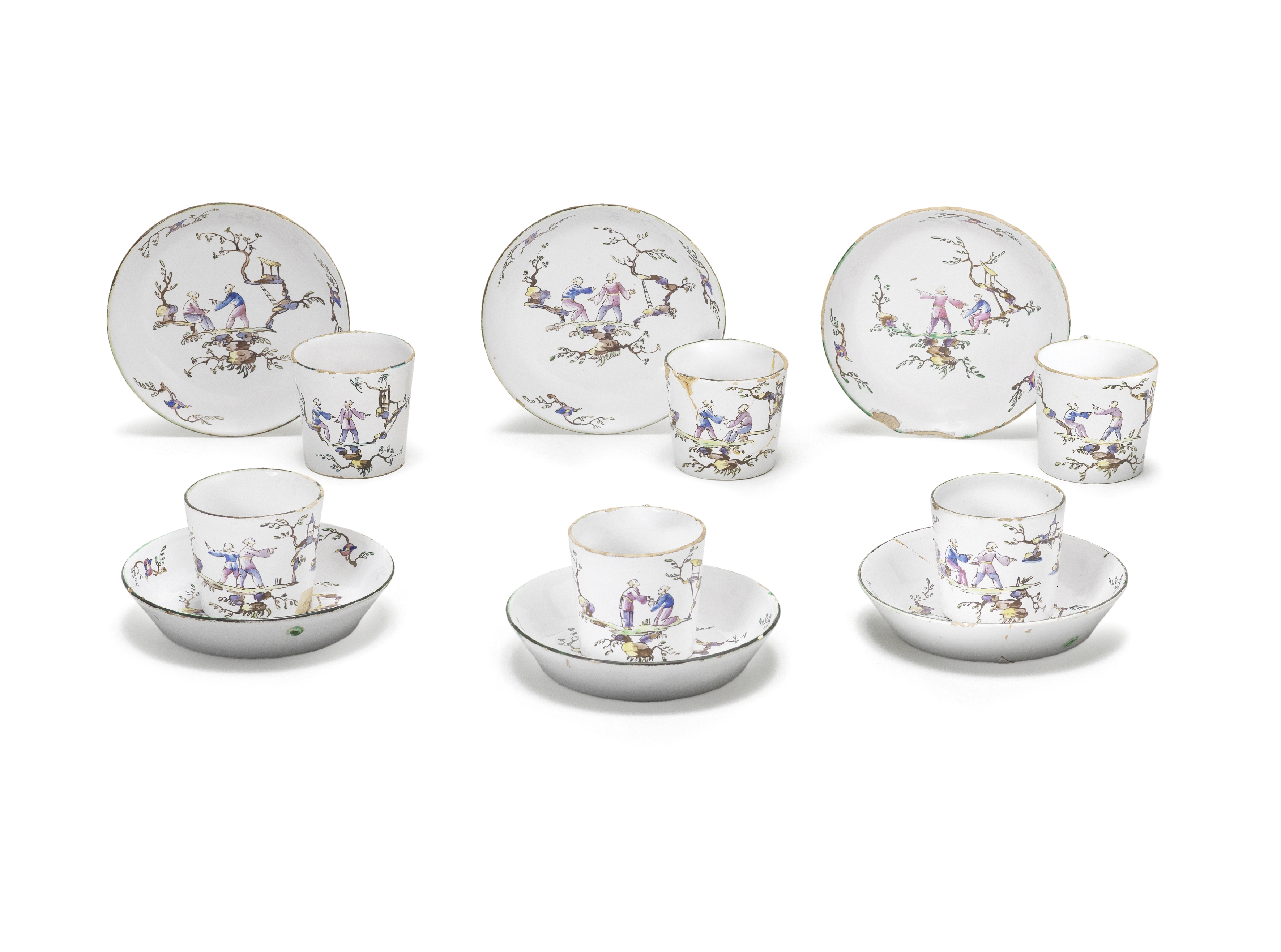 A set of six Marseilles, Veuve Perrin's factory, cups and saucers Circa 1770