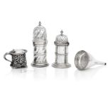 A George III wine funnel, mustard pot and two sugar casters the funnel marks rubbed, the larger c...