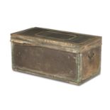 An early 19th century leather and brass bound trunk