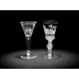 A Dutch engraved Saxon glass goblet and a wine glass, second quarter 18th century