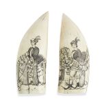 A finely scrimshawed pair of sperm whale's teeth, English, circa 1870, (2)