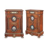 A pair of early Victorian porcelain and gilt bronze mounted amboyna and purple wood pier cabinets...