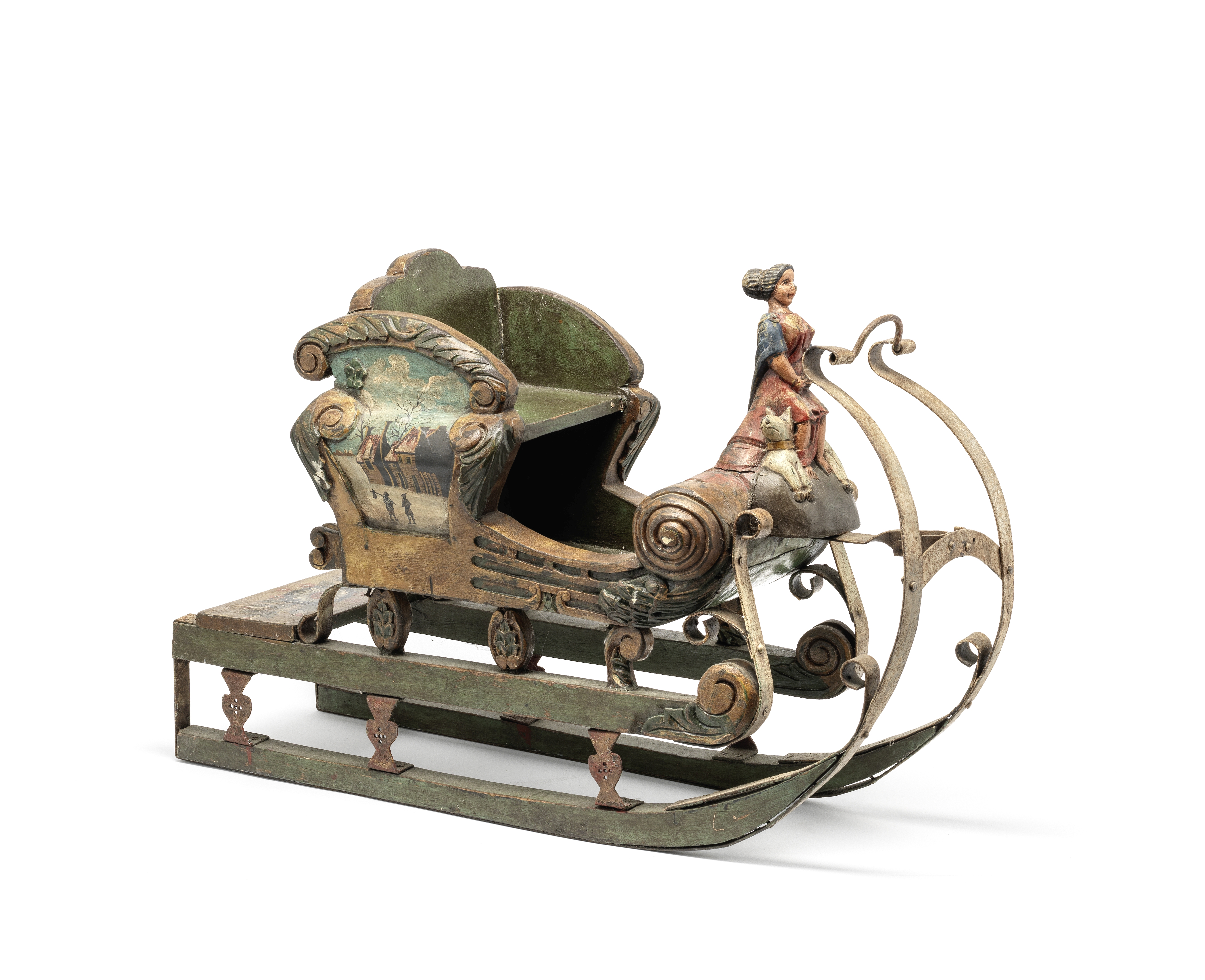 An unusual Northern European painted wood and wrought-iron child's sledge probably Scandanavian, ...