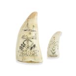 Two Scrimshaed whale's teeth, English, mid 19th century, (2)