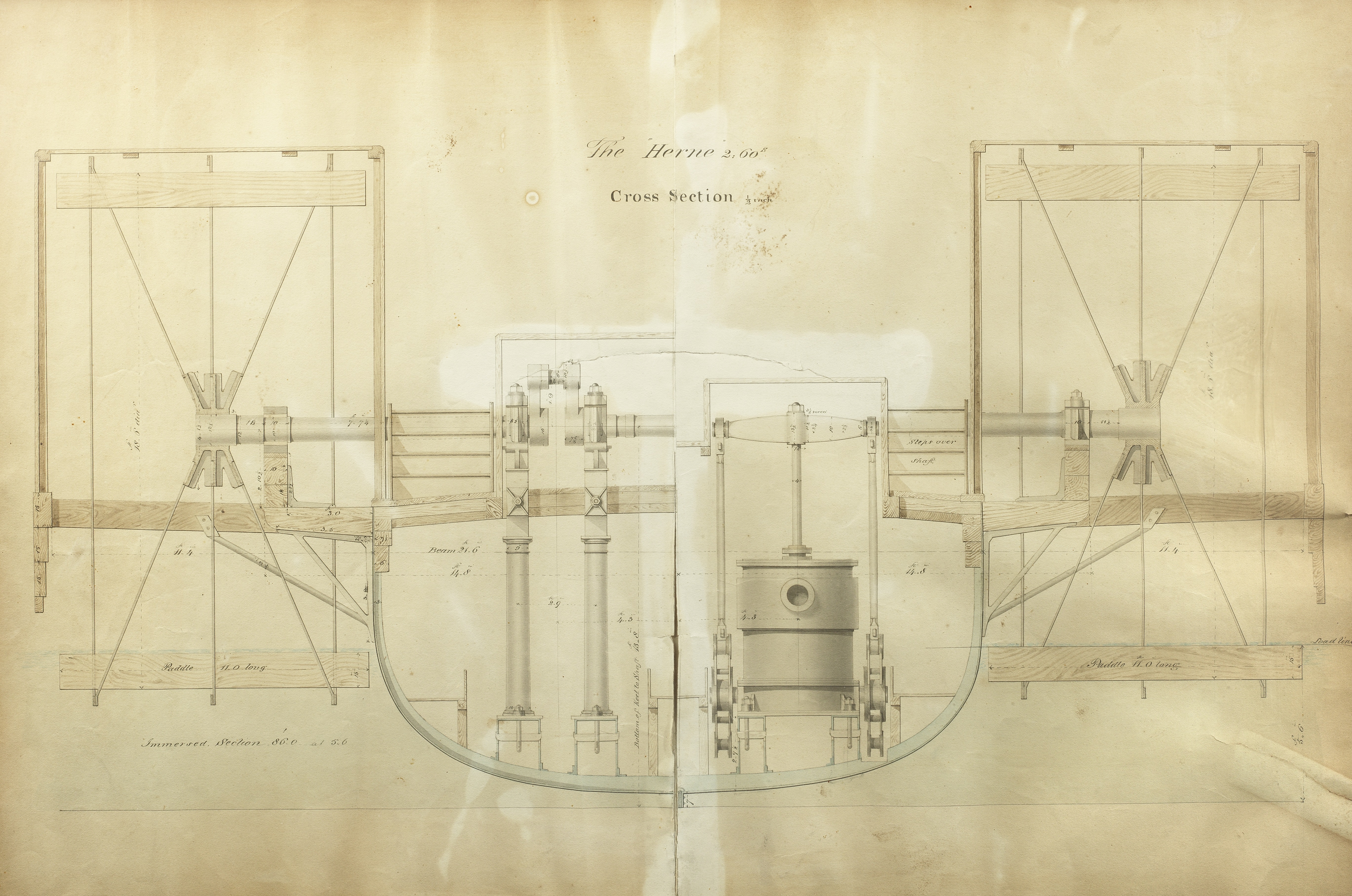 A cross-section engineer's drawing of the Herne Bay Steamer No. 3, English, circa 1844,