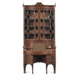 A George III fiddleback mahogany, sabicu banded and satinwood inlaid serpentine bookcase-on-desk