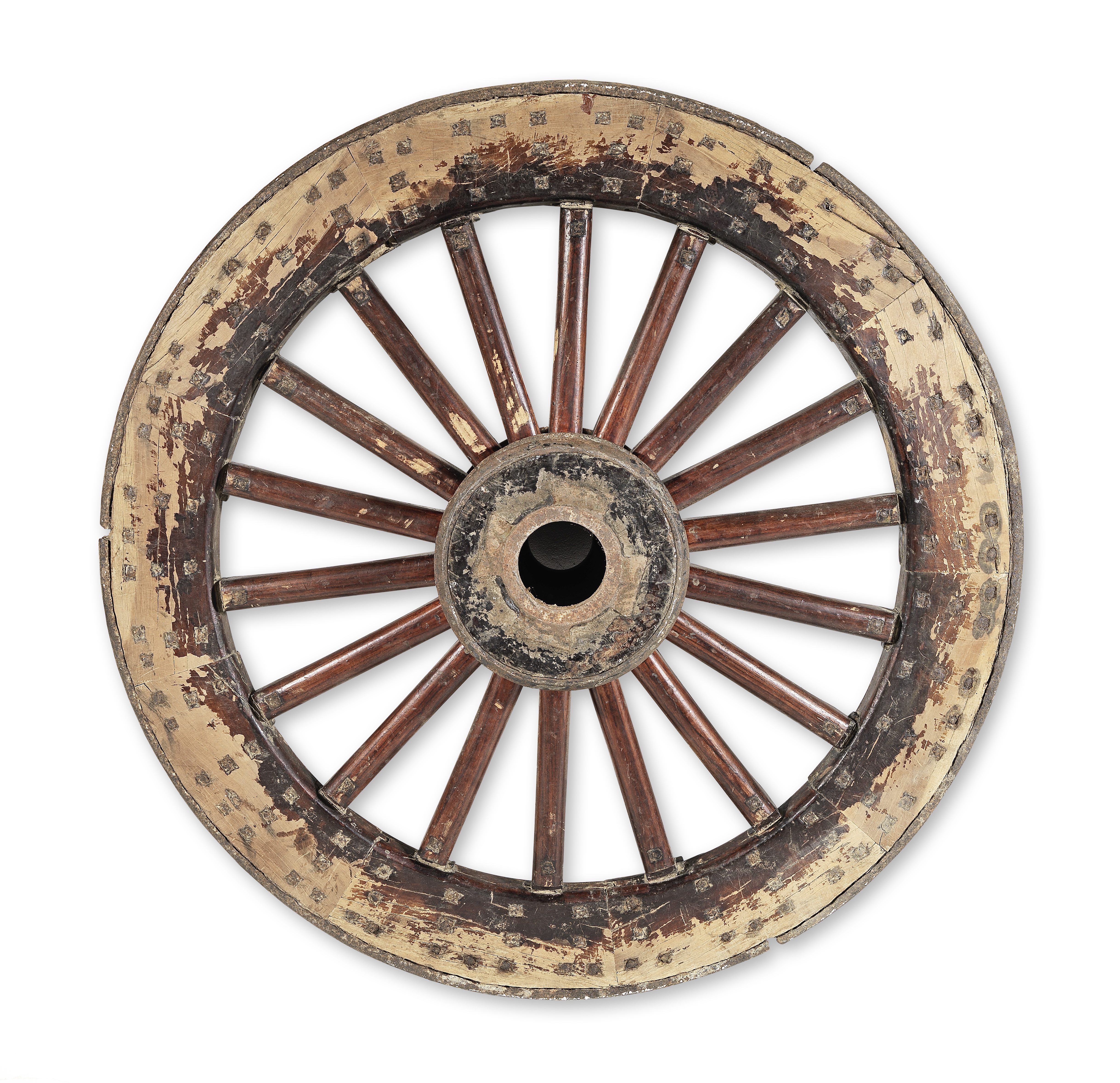 A Chinese carved and turned hardwood and iron bound ceremonial carriage wheel