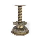 A sheeet brass repoussé socket candlestick, in 17th century Scandinavian style