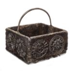 A chip-carved open box, made from 17th century boards, Swiss/French, iron carry handle