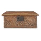 A Charles II boarded oak box, circa 1660-80