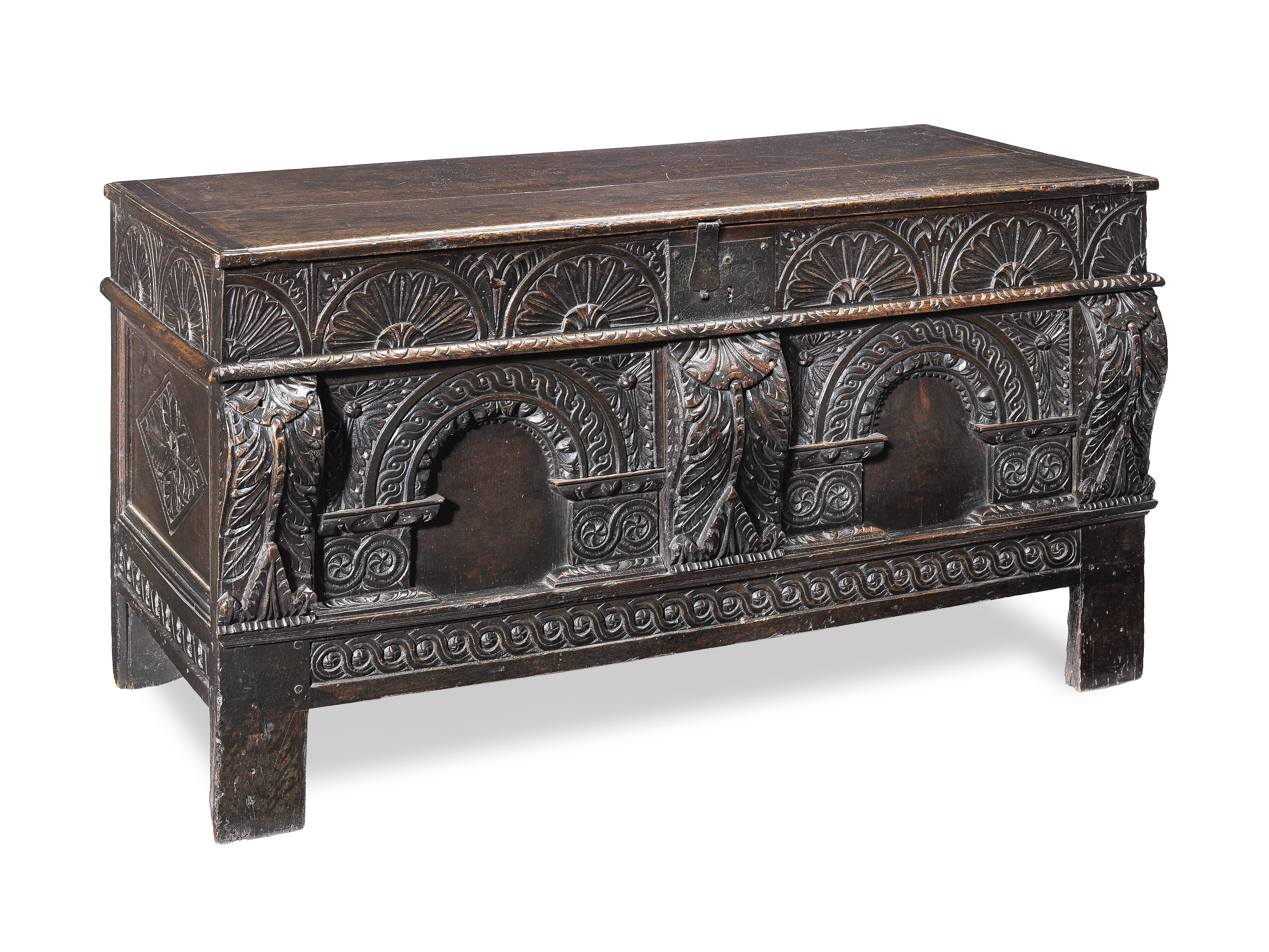 An impressive James I joined oak and elm coffer, Gloucestershire, circa 1610