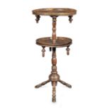 An unusual George III fruitwood turner's two-tier tripod table, circa 1800