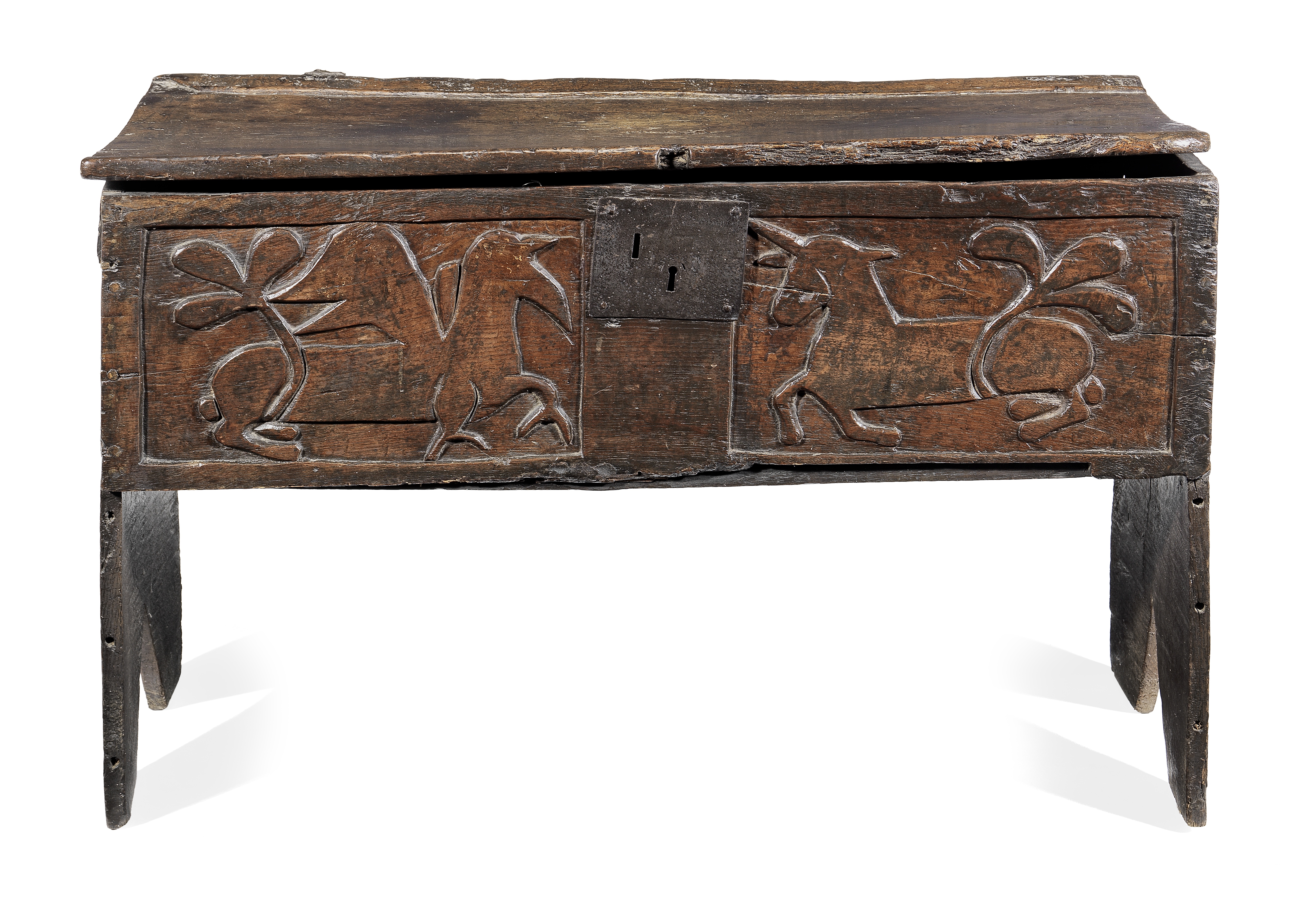 A rare Henry VII/VIII oak boarded chest, circa 1490-1530 Traces of polychrome paint