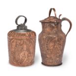 A copper lidded jug, German, dated 1754 (2)