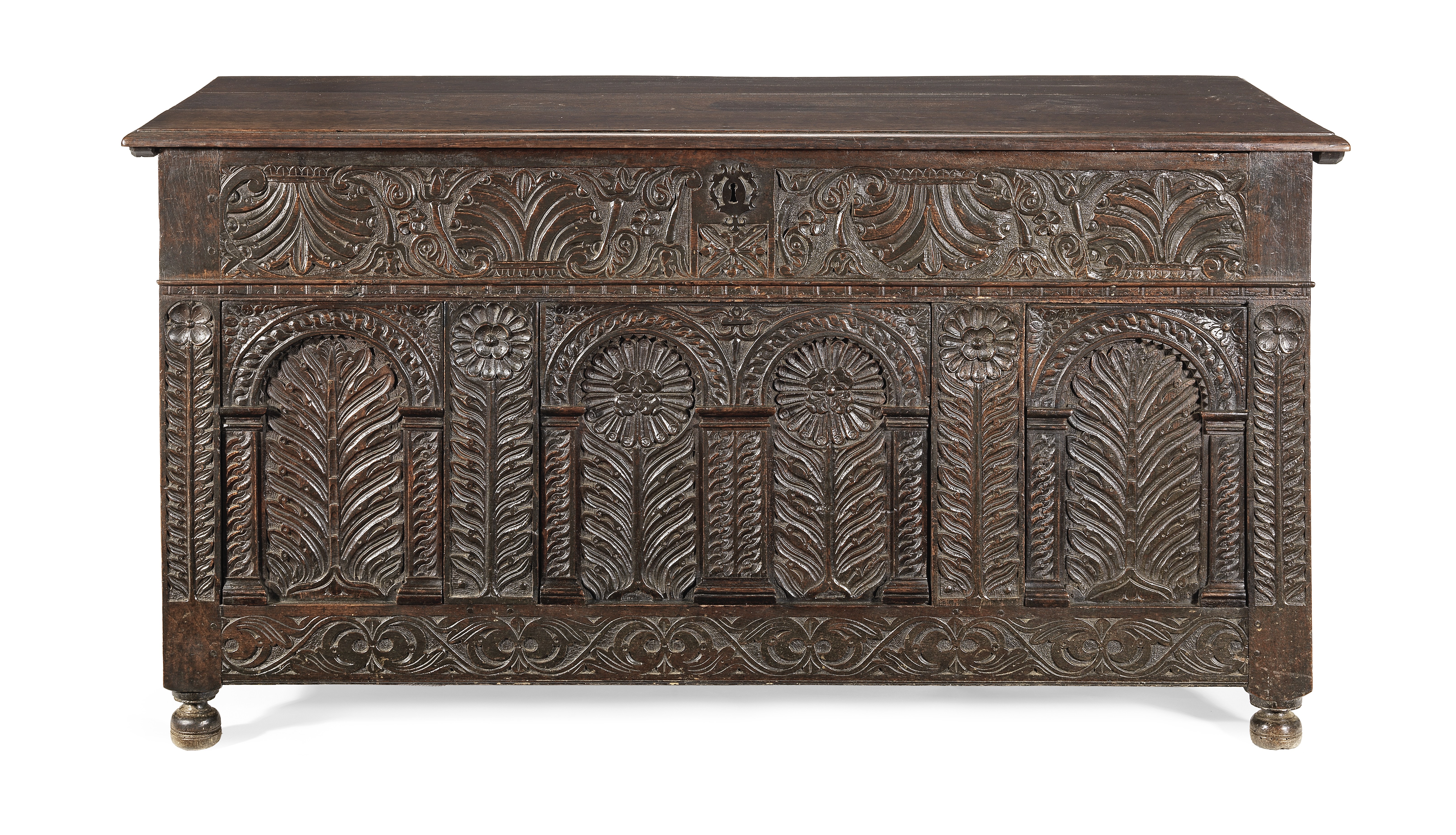 An impressive Charles I joined oak coffer, Gloucestershire, circa 1640