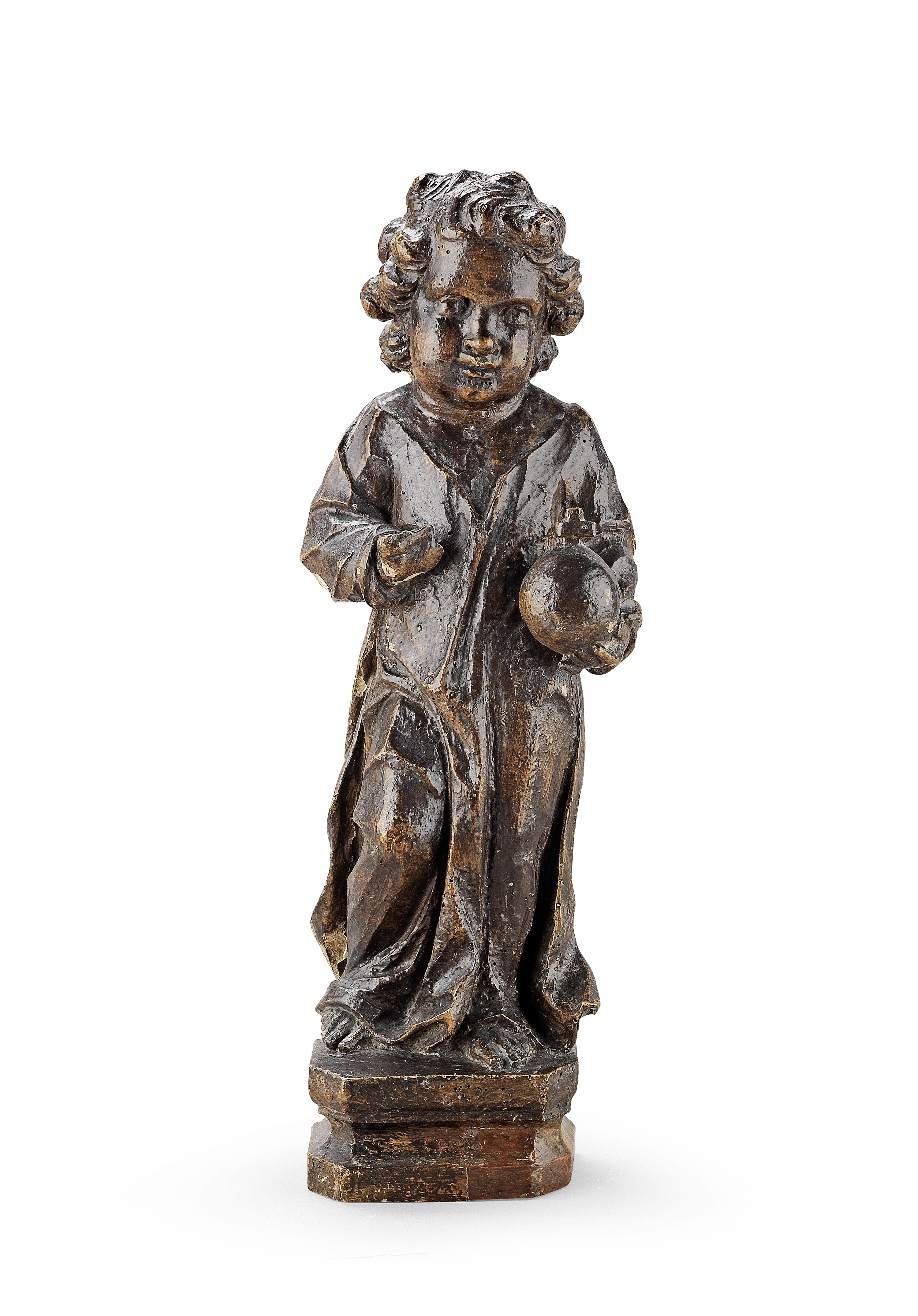 A late 17th/early 18th century carved walnut, gesso and polychrome figure of the infant Christ