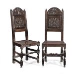 An unusual pair of Charles II joined oak backstools, Lancashire, circa 1670 (2)