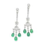 A pair of emerald and diamond pendent earrings