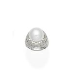 A cultured pearl and diamond ring