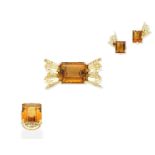 A citrine brooch, ring and earring suite, circa 1950 (3)