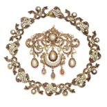 AN ANTIQUE GARNET AND SEED PEARL NECKLACE AND BROOCH/PENDANT (2)