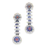 A pair of sapphire, diamond and pink paste pendent earrings