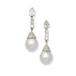 A pair of cultured pearl and diamond pendent earrings