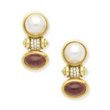 A pair of tourmaline, cultured mabé pearl and diamond earclips