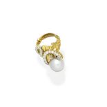 A cultured pearl, diamond and ruby ring